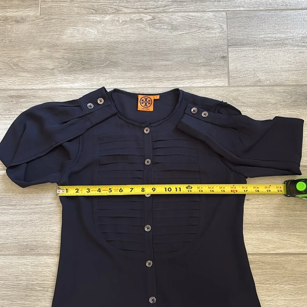 Tory Burch 100% Silk Dark Blue Button Up Blouse Shirt Top
